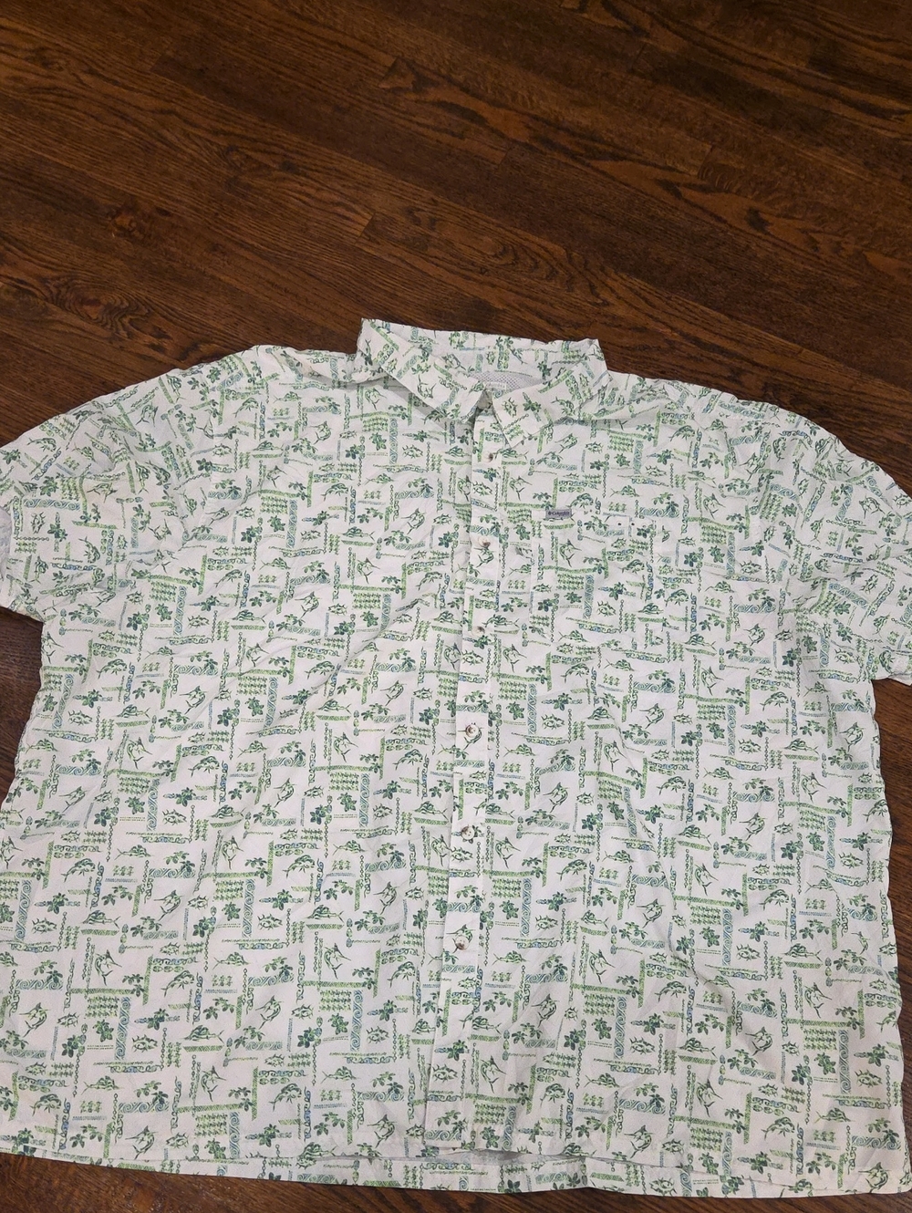 Men's Short-Sleeve Button-Down Shirt in White with Green Print